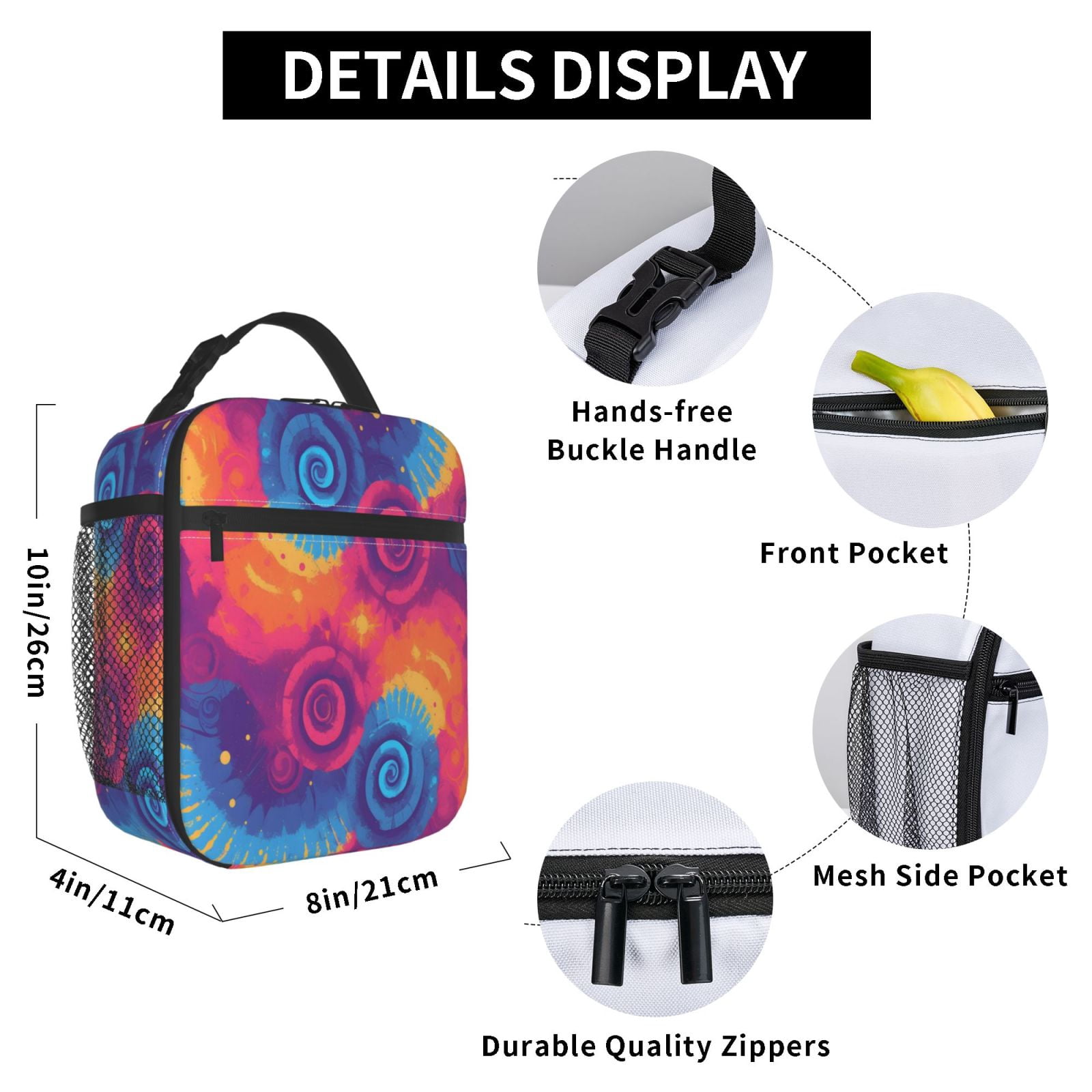 Lunch Bag For Women Men Insulated Portable Lunch Box Bento Box Office Picnic Travel Cooler Bag Palevioletred Tie-Dye Background Vibrant Colors And Swirling (2)