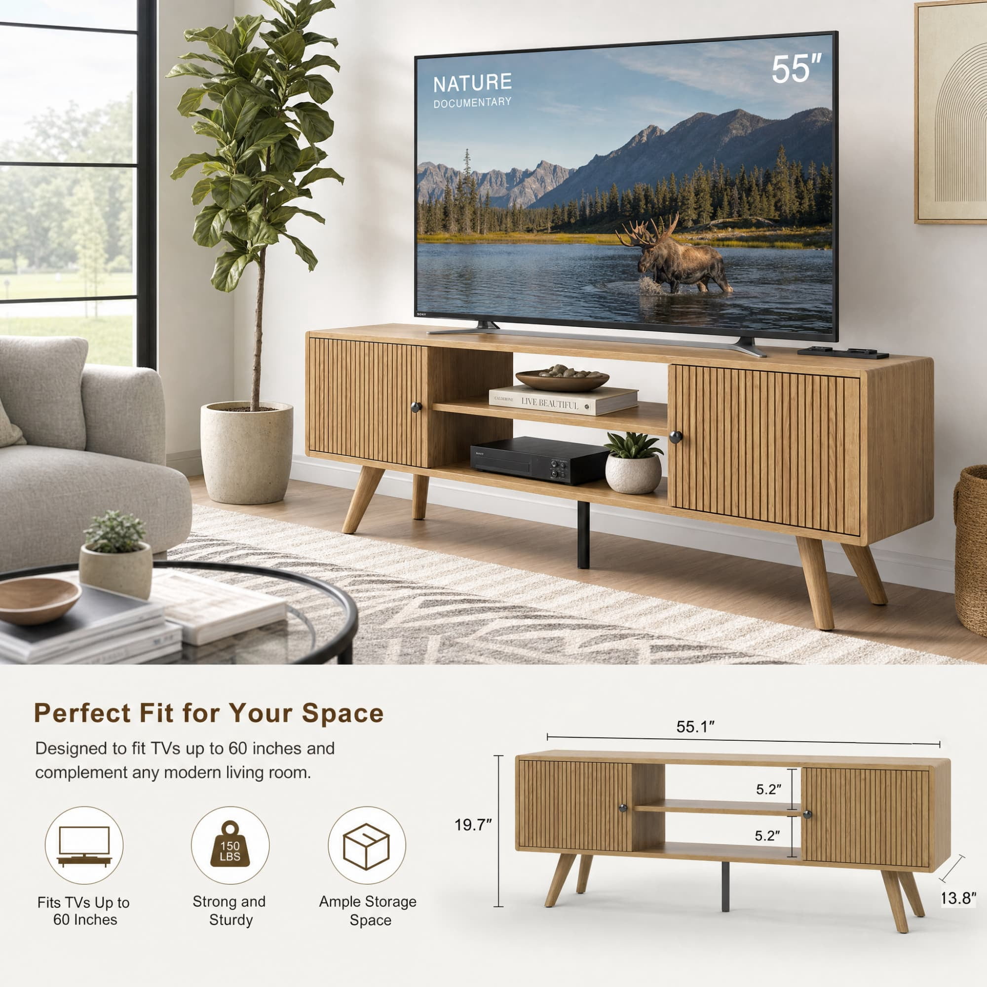 Manxile Mid Century Modern TV Console for Living Room Bedroom, Wood Entertainment Center with Storage and Shelves, Natural
