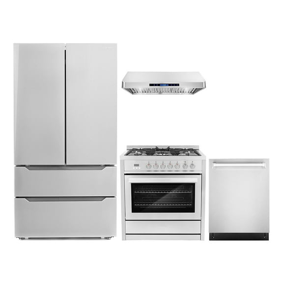 Cosmo 4 Piece Kitchen Appliance Packages with 36" Freestanding 220/240V Dual Fuel Range 36" Under Cabinet Range Hood 24" Built-in Dishwasher & French Door Refrigerator Kitchen Appliance Bundles