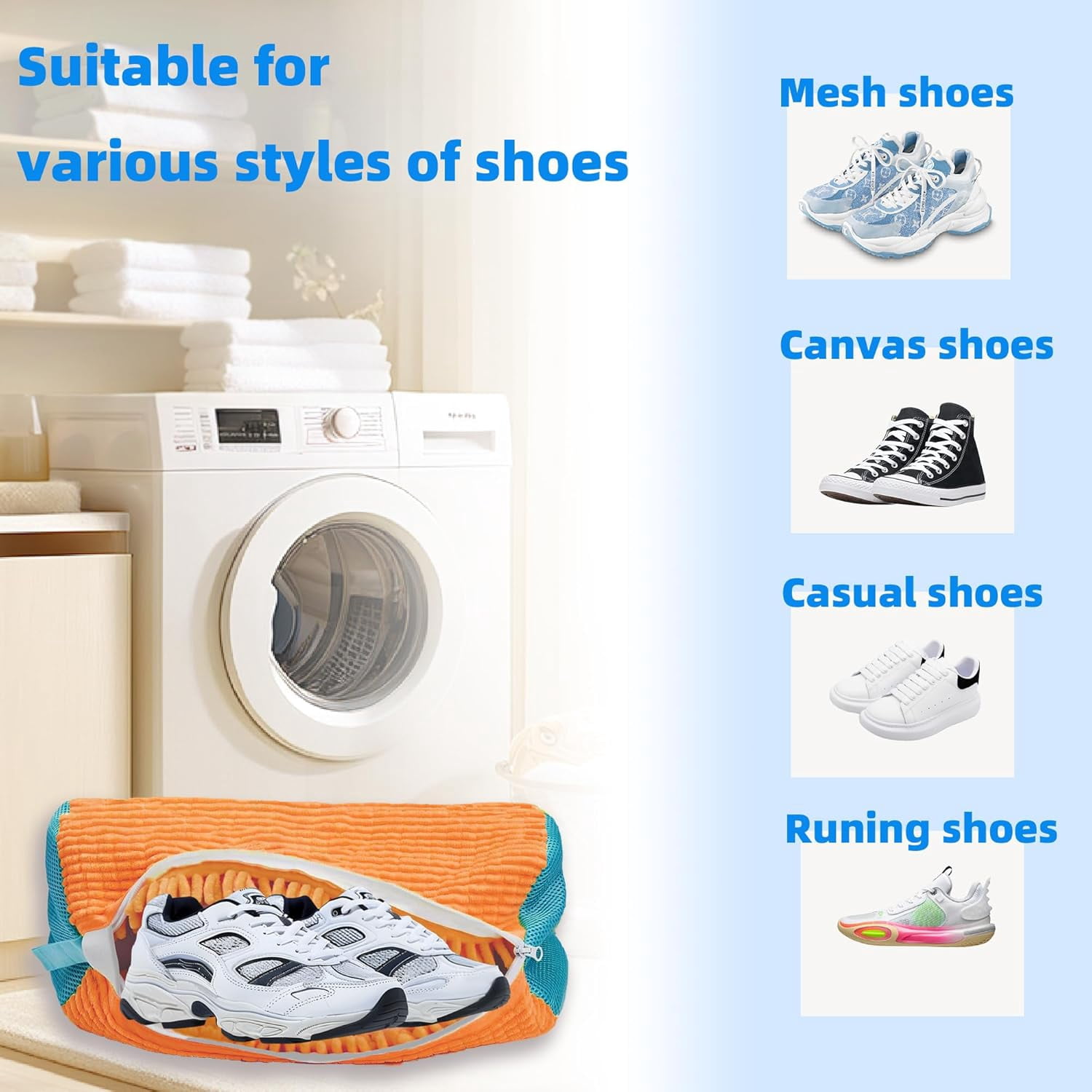 Shoe Washing Machine Bag Laundry Shoe Bag for Washer and Dryer Reusable 2pc Shoe Cleaning Bags for Sneakers 360° Deep Cleaning Machine for All Shoes Types With Self-locking Zipper Light Orange 2Pcs