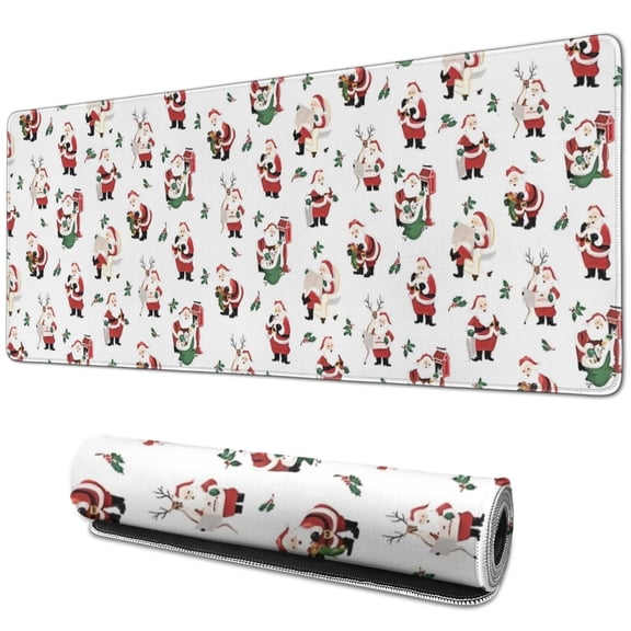Long Mouse Pads for Desk,White Christmas Santa Pattern Desk Mats on Top Of Desks, Desk Mouse Pad Extra Large with 3mm Non-Slip Base and Stitched Edge for Gaming,Office,Work,Home 31.5x11.8in
