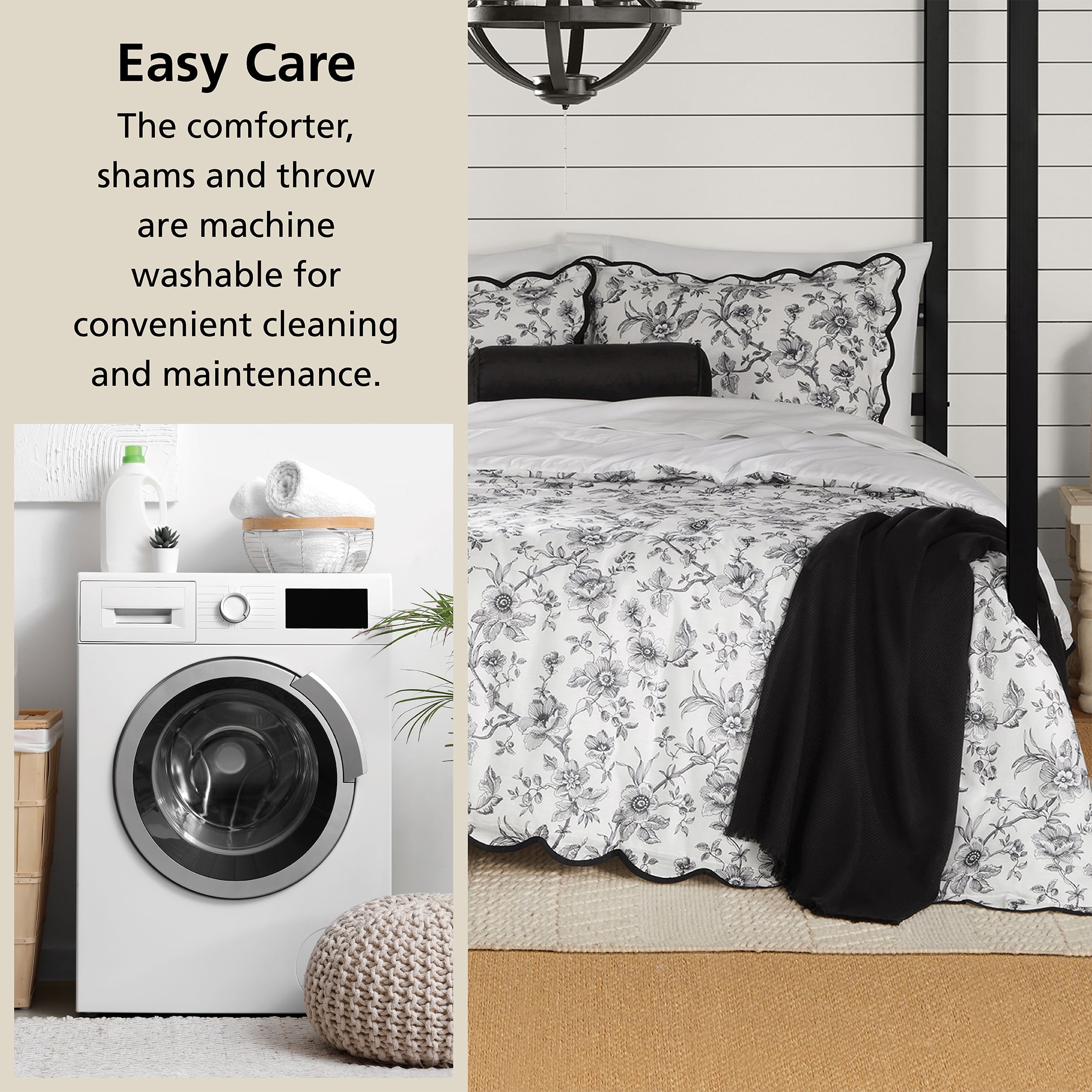 Mainstays Full/Queen Comforter Set, All-Season, 5-Piece, White & Black Floral Scallop