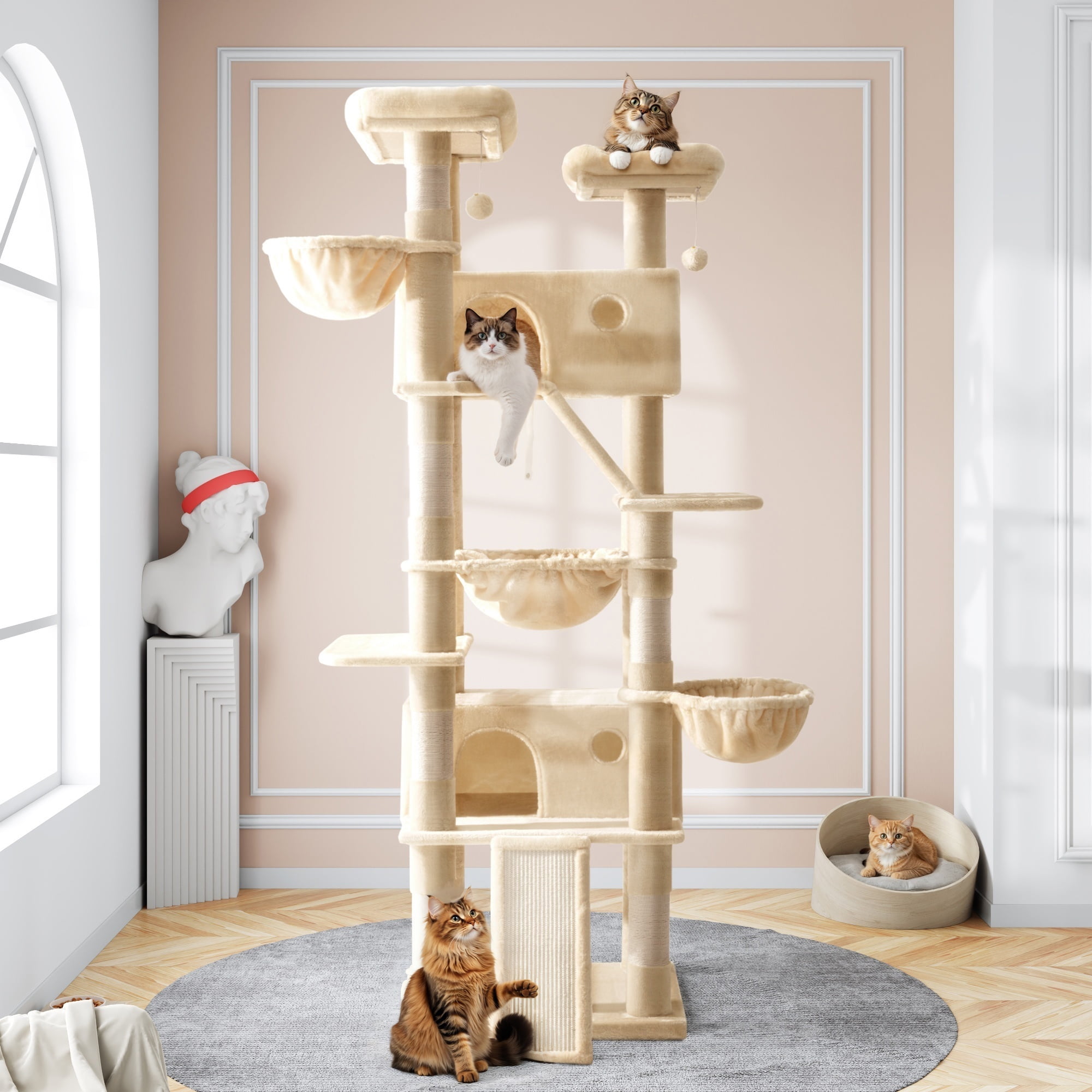 Amolife 81" Large Cat Tree Tower for Large Cats with Cat Condo Hammock, 2 Scratching Ramps, 6 Scratching Posts, Beige