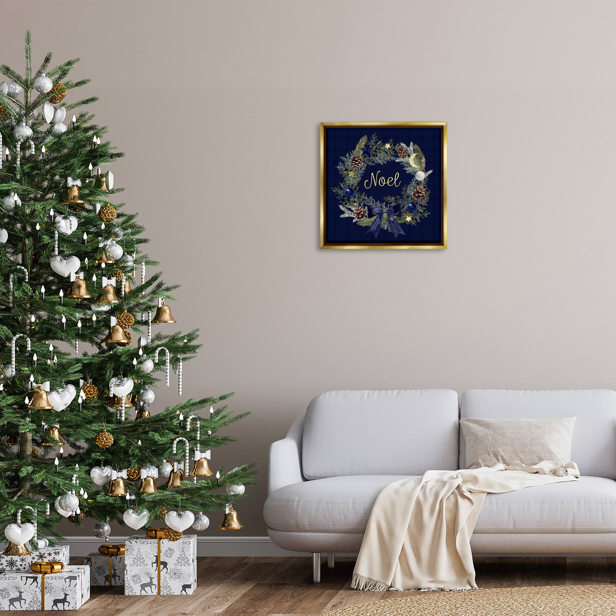 Stupell Industries Noel Holiday Wreath Holiday Painting Gold Floater Framed Canvas Art Prints Wall Art, 25 x 25