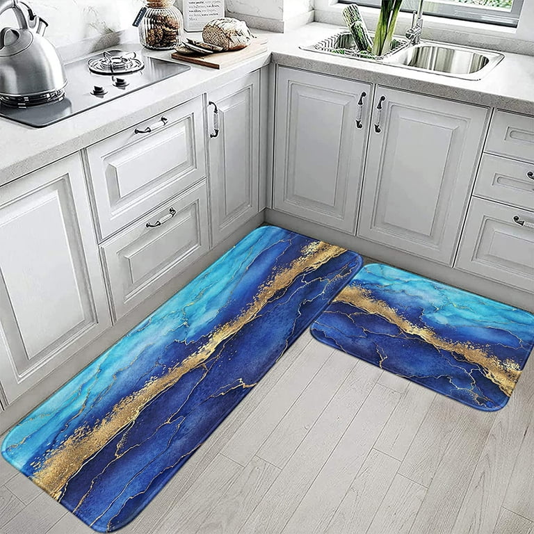 Blue Gold Marble Kitchen Rugs and Mats Non Skid Washable Set of 2, Indigo  Marbling Classic Elegant Kitchen Mats for Floor, Modern Abstract Art Luxury  Decor Kitchen Runner Rug 