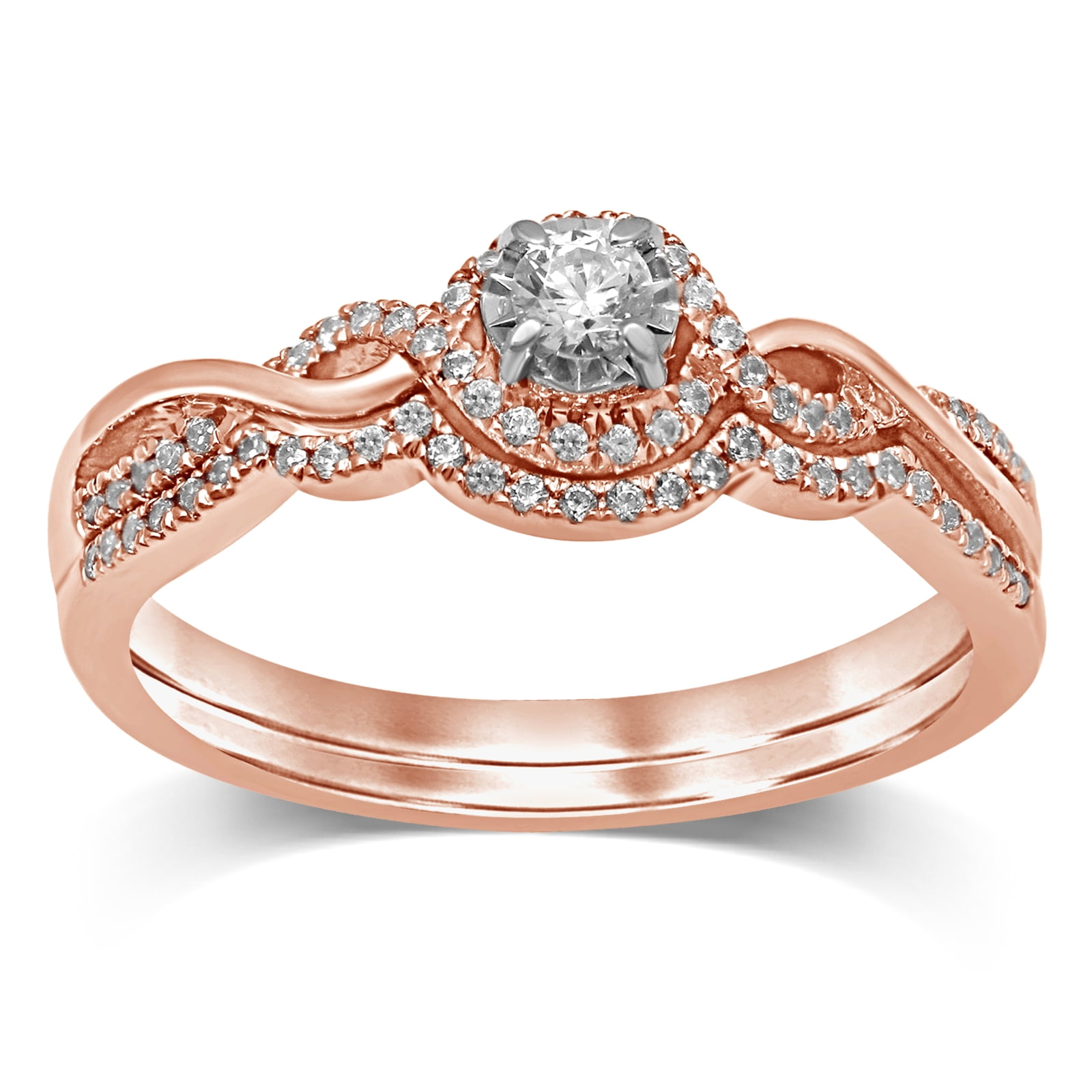 10K Rose Gold 1/4 Cttw Diamond Bridal Set Halo Engagement Ring