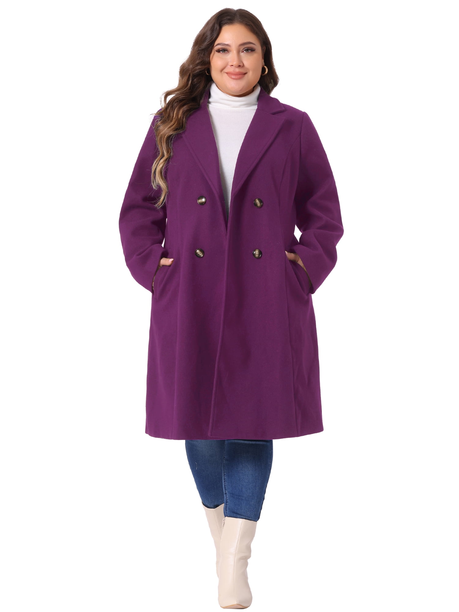 DARING DIVA Women's Plus Size Notched Lapel Warm Double Breasted Coat 4X Purple