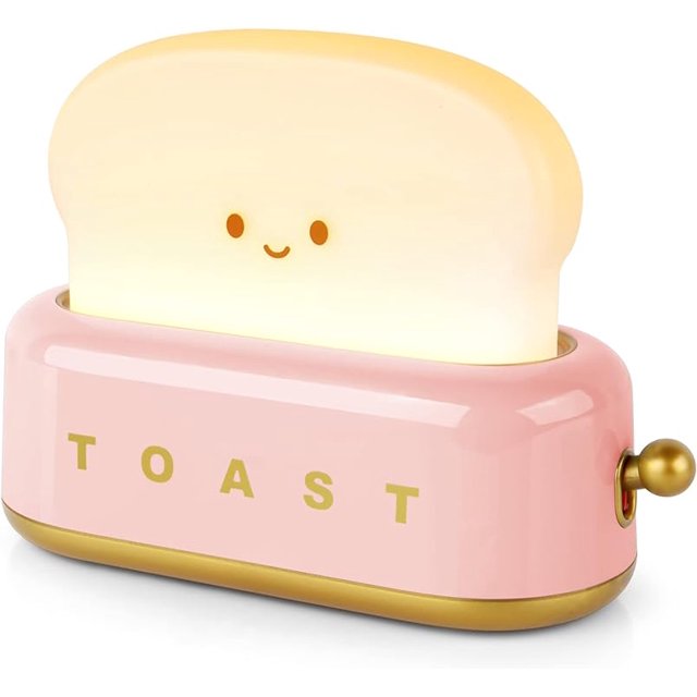 Toaster Lamp, Rechargeable Small Lamp Desk Decor with Smile Face Toast Bread Cute Toaster Shape Room Decor Night Light for Bedroom, Bedside, Living Room, Dining, Desk Decorations, Gift (Pink)