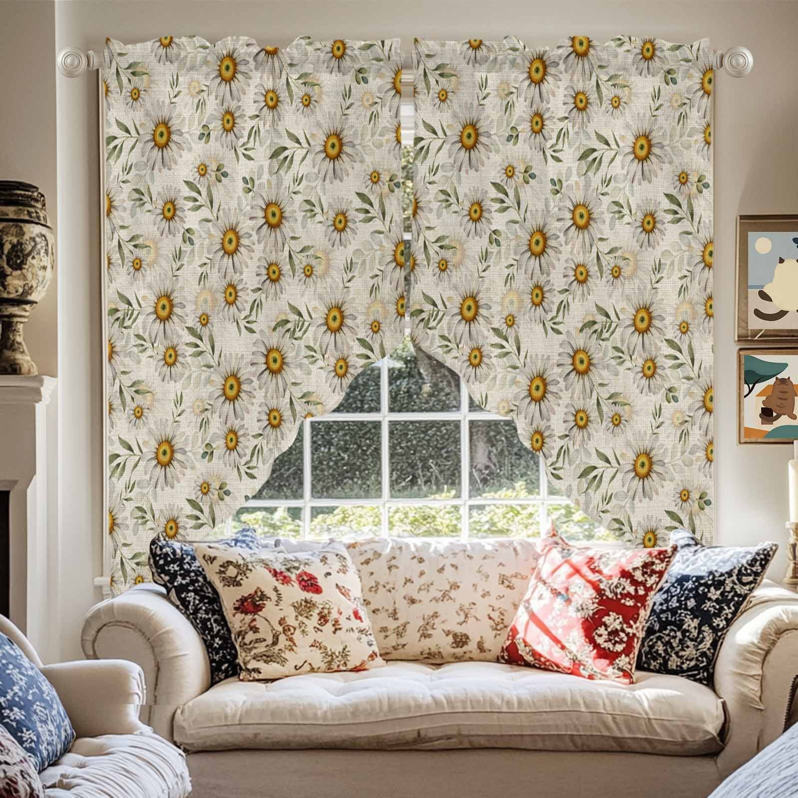 Swag Curtain Valances Daisy Flower Swag Valances for Kitchen Windows Green Leaves Linen Short Topper Curtains Valance Tier Pair for Kitchen Bedroom Living Room Bathroom 28"x36"