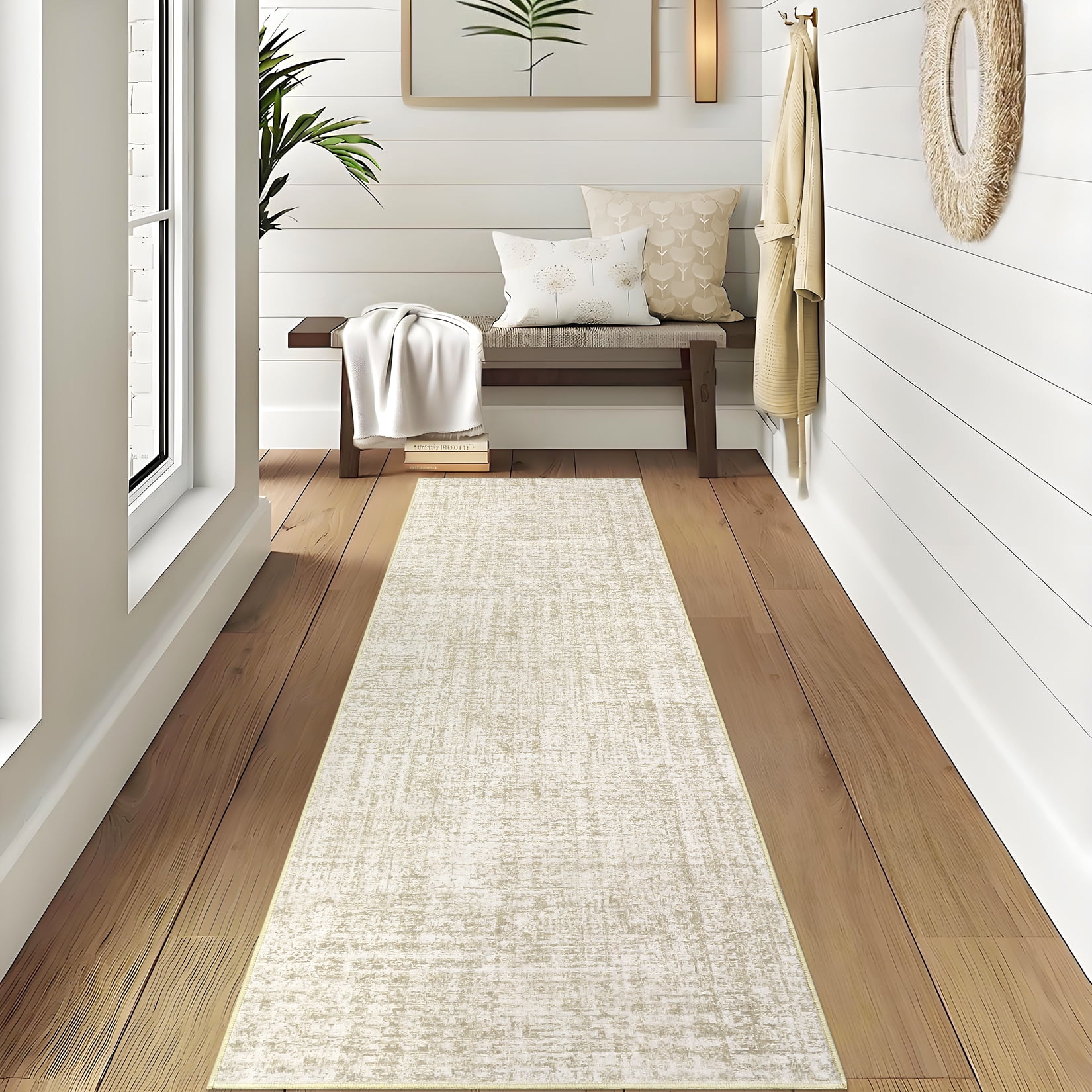 Garvee 2'x6' Solid Runner Rug Neutral Modern Abstract Area Rugs, Washable Rugs Low Pile Soft Carpet Non Slip Indoor Mat for Hallway Bedroom Kitchen, Beige Brown