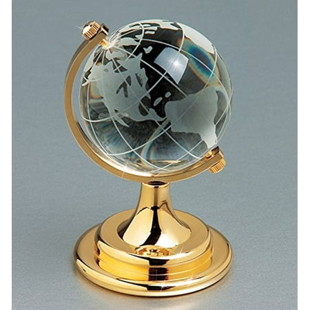 - Etched Crystal World Globe On Stand A Brass Colored Base - Gift Boxed - 4 Inch