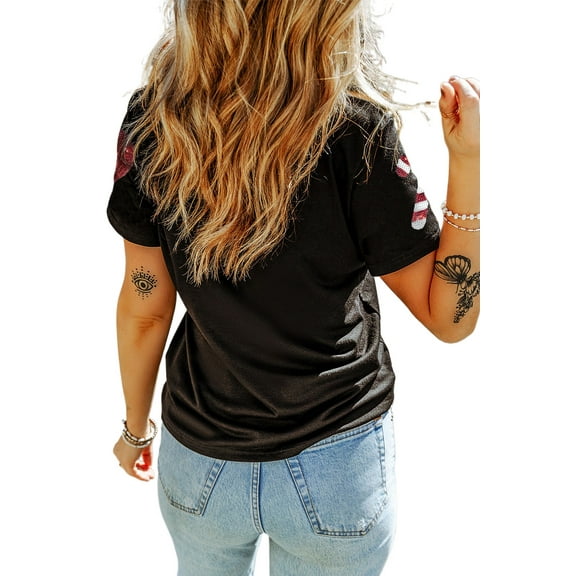 Women's Black Sequin Christmas Essentials Graphic Crewneck T-Shirt | [ZhiHiMeRi] | (US 20-22)2XL