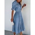 thumbnail image 4 of Women's Denim Shirt Dress V-Neck Short Sleeved Waist A-Line Jeans With Pockets Button Dress Fashion, 4 of 5