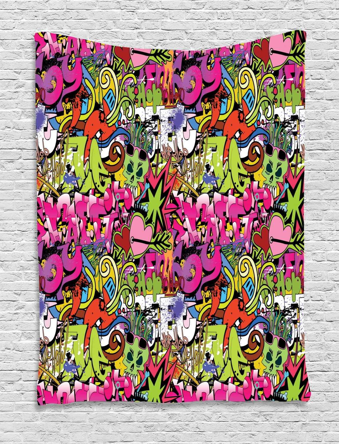 Urban Graffiti Tapestry, Arrow Pierced Bubbly Hearts and Skull Detailed Sharp Edged Shapes