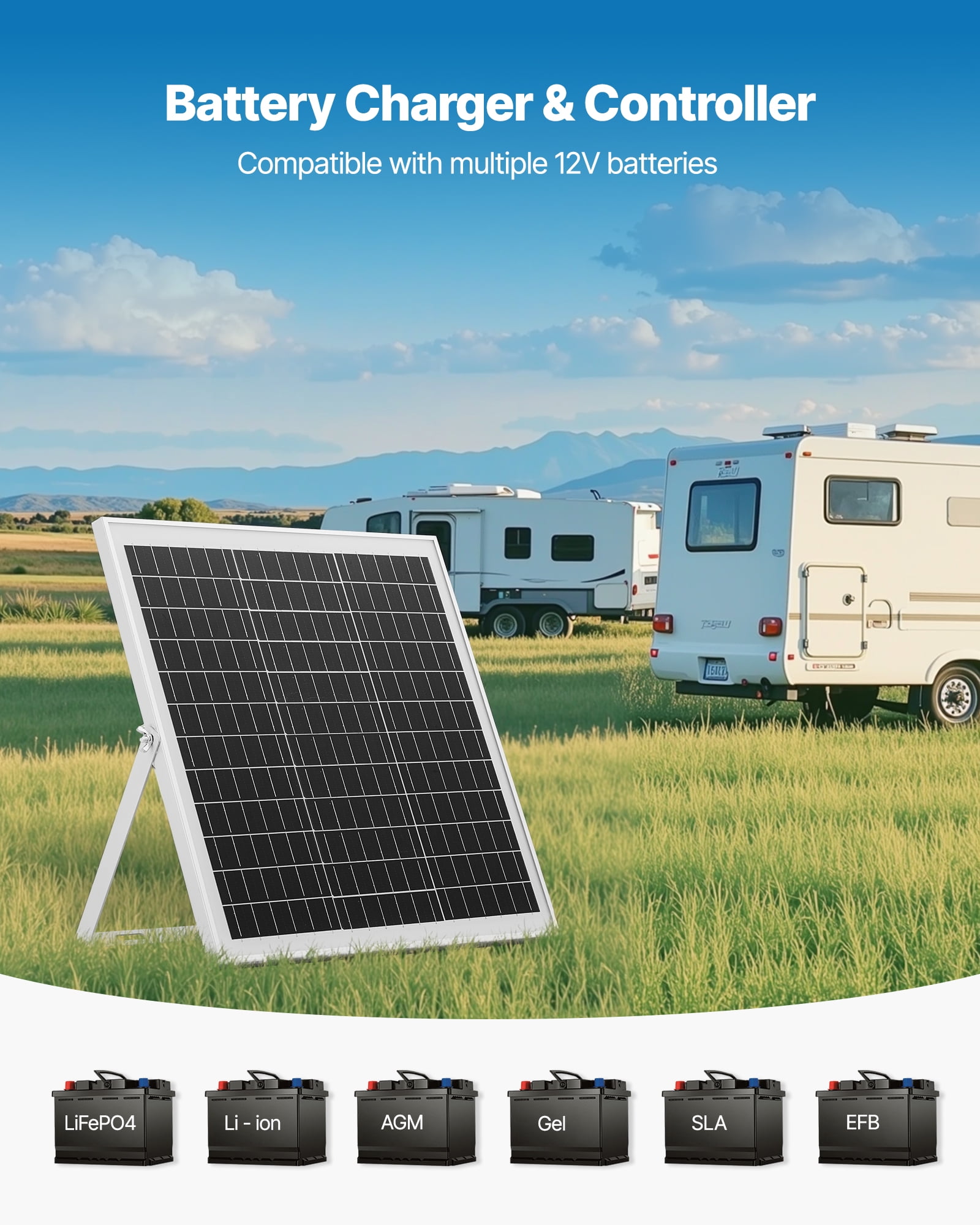 VEVOR 20W 12V Solar Panel Battery Charger, Solar Battery Trickle Charger Maintainer with Intelligent MPPT Controller & Adjustable Mount Bracket, IP67 Waterproof for Car Boat RV Motorcycle Trailer