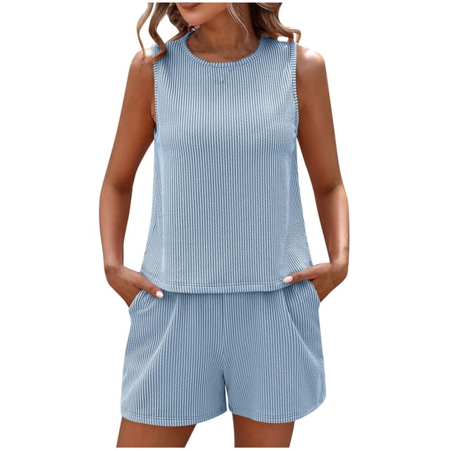 Birdeem Blouses pour Femmes Mode Col Rond Sans Manches Hauts Shorts Pantalons Ensemble Décontracté
