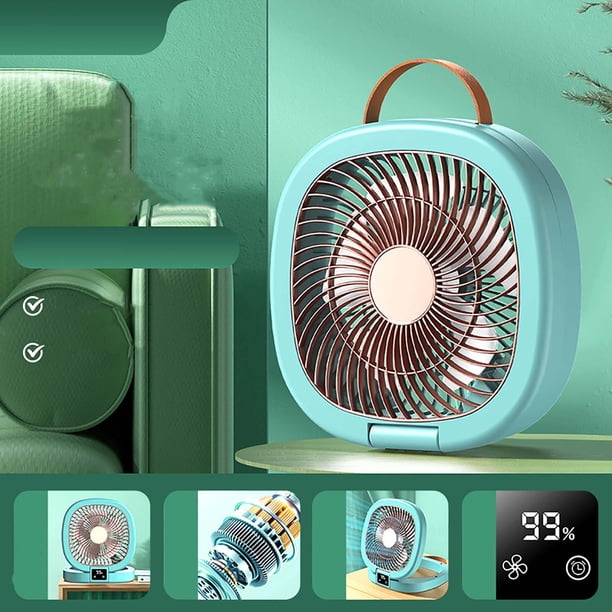 Ventilador de escritorio plegable verde con pantalla digital y función de temporizador, alimentado por USB