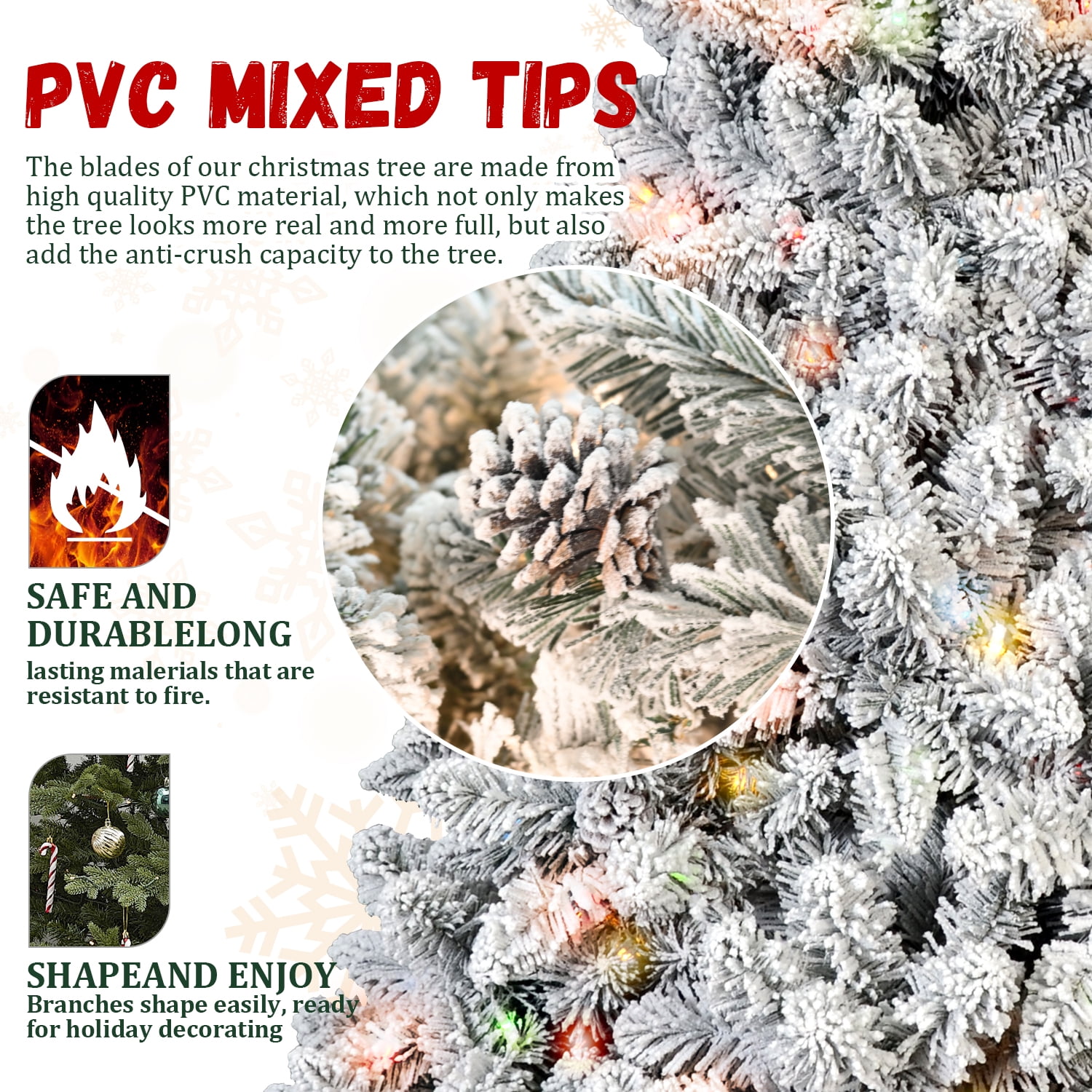 5ft Prelit Snow Flocked Christmas Tree with 150 LED Lights 366 Tips Pine Cones Hinged Branches