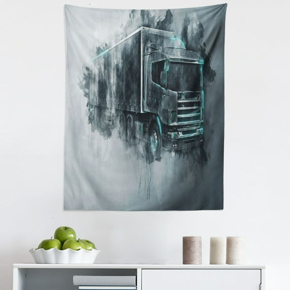 Truck Tapestry, Greyscale Illustration of a Tractor Trailer with Paint Smears Cargo Delivery, Fabric Wall Hanging Decor for Bedroom Living Room Dorm, 5 Sizes, Grey Turquoise, by Ambesonne