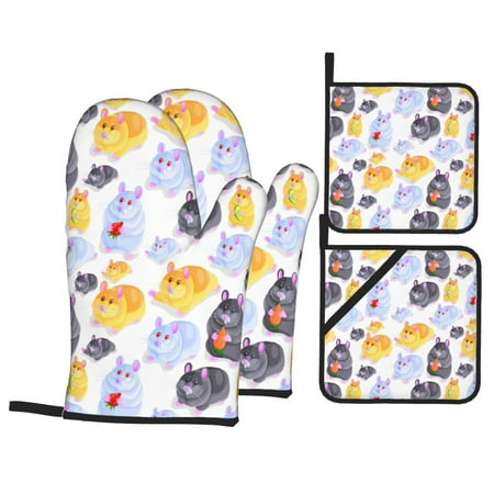 

Oven Mitts and Pot Holders 4 pcs Set Cute Hamster Black White Yellow Heat Resistant Pot Holders Oven Mitts for kitchen Non-Slip Hanging Loop Oven Glove Potholders for Baking Cooking