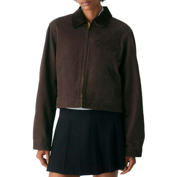 Cropped Jacket Women Long Sleeve Lapel Neck Zip Up Jackets for Women Brown L