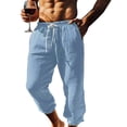 thumbnail image 3 of Feancey Mens Linen Summer Pants Lightweight Casual Beach Capri Pants Loose Fit Drawstring Straight Leg Slacks Solid Color Capris with Pockets Light Blue XXL, 3 of 6