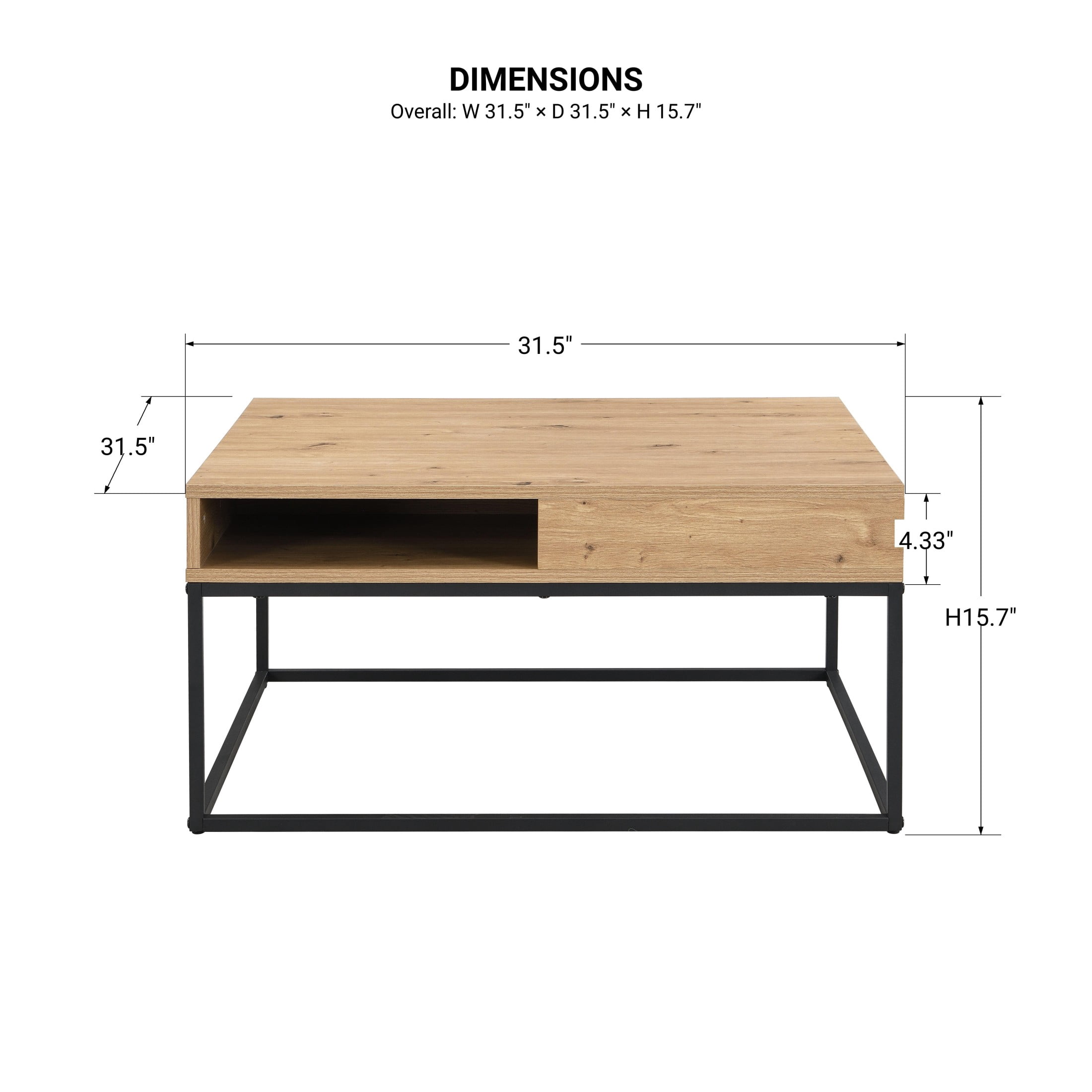 Christopher Knight Home 31.5" Square Coffee Table with Open Storage Shelf and Metal Frame, Black+Oak