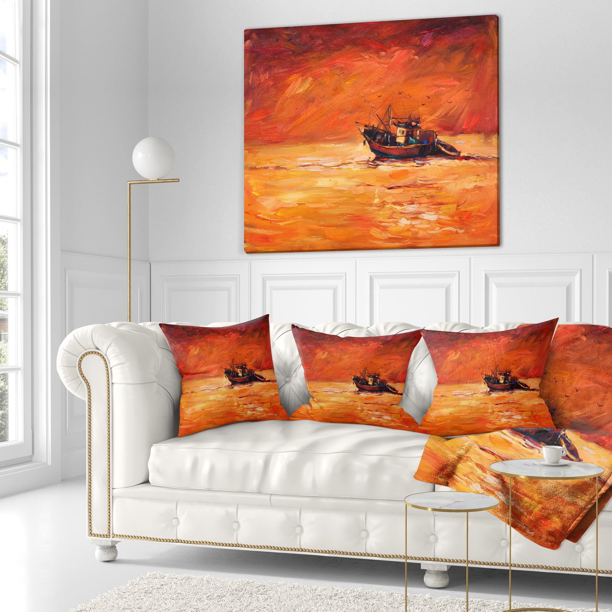 Designart Fishing Boat in Red Hue - Seascape Throw Pillow - 18x18