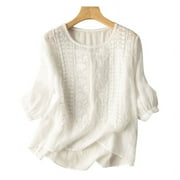 ZANZEA Women Summer Floral Embroidery 3/4 Sleeve O Neck Tops Casual Loose Solid Shirt Blouse