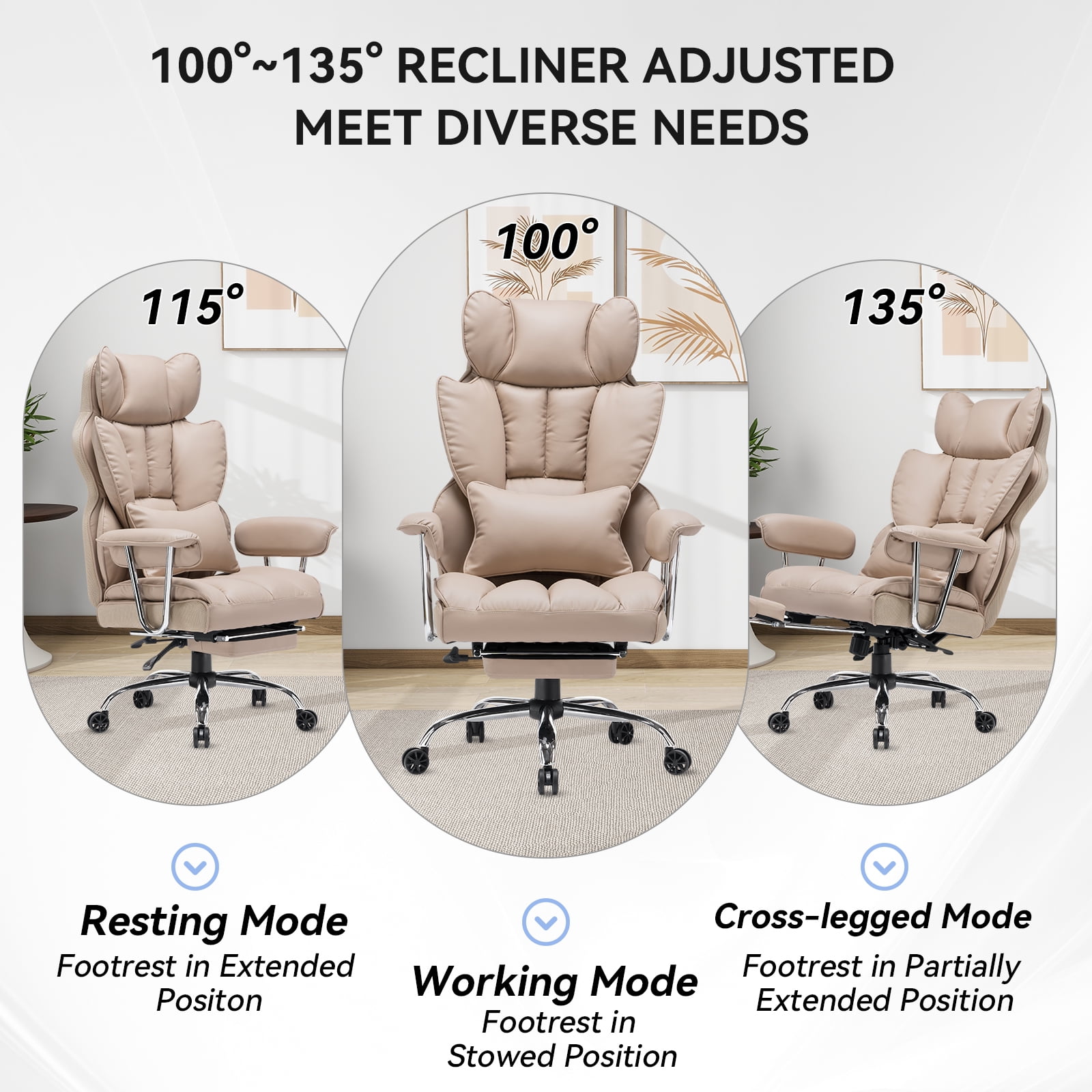 ATMILD 400 lbs Big and Tall Ergonomic PU Leather Office Chair with Footrest, Dark Beige