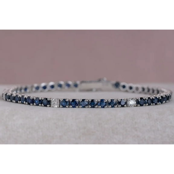 Mangal Jewels 9Ct Round 4mm Blue Sapphire And Diamond Womens 7.5 Inch Tennis Bracelet 14K White Gold Plated