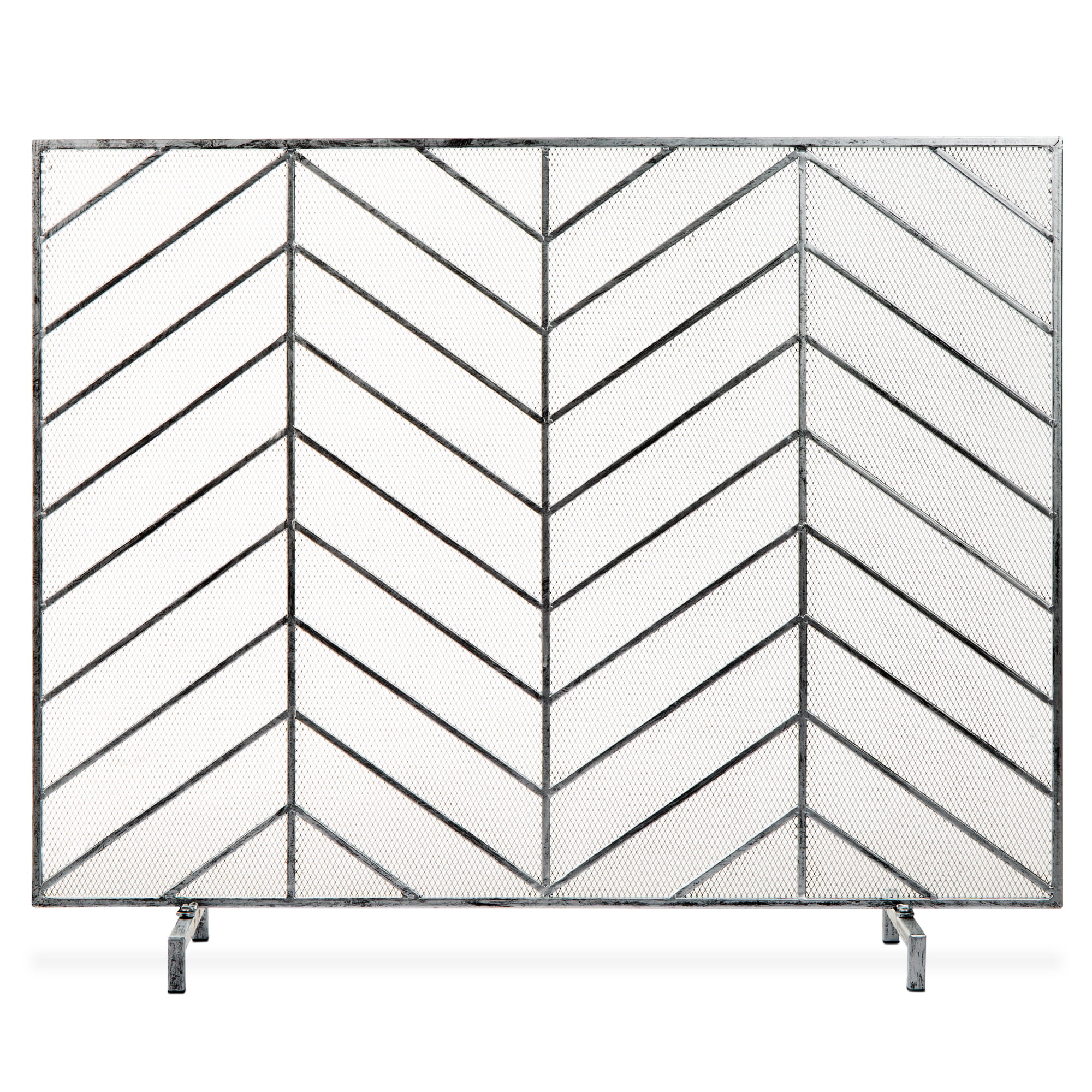 Best Choice Products 38 x 31 Inch Single Panel Handcrafted Iron Chevron Fireplace Screen with Distressed Finish - Pewter