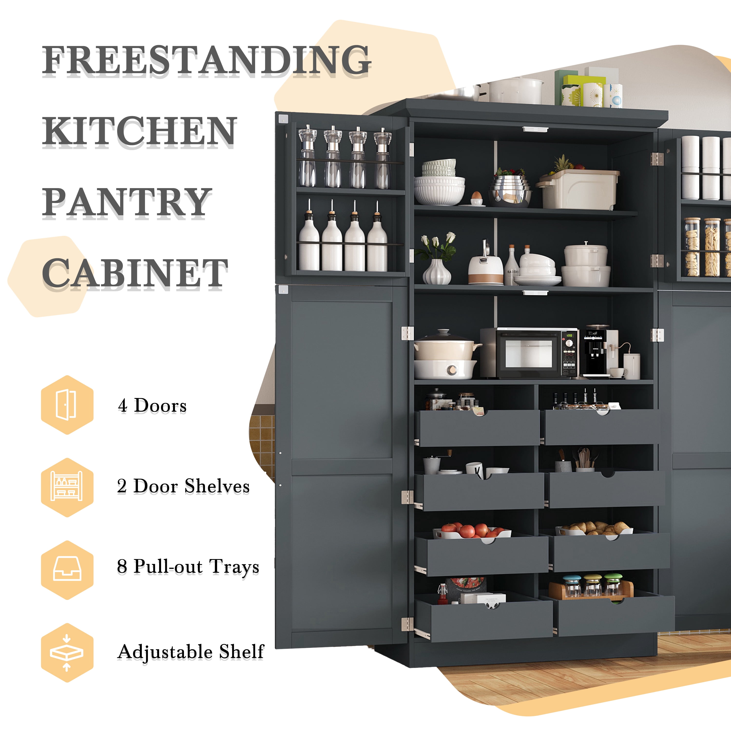 Aukfa 71" Tall Kitchen Pantry Cabinet, 4-Door Freestanding Pantry Hutch Storage Organizer with 8 Pull-Out Trays,Gray