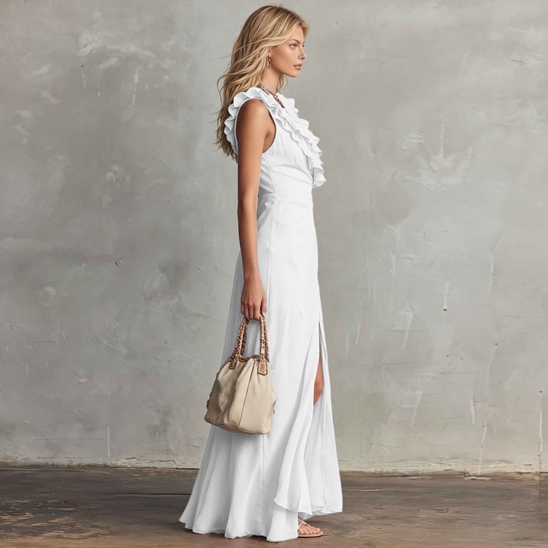 white flowy maxi dress Curvvvy Elegant Imported. Catalina Tiered Ruffle Maxi Dress