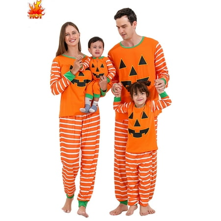 

Family Halloween Pajamas Halloween Stripe Pumpkin Print Round Neck Long Sleeve Tops+ Long Pants for Parents Kids