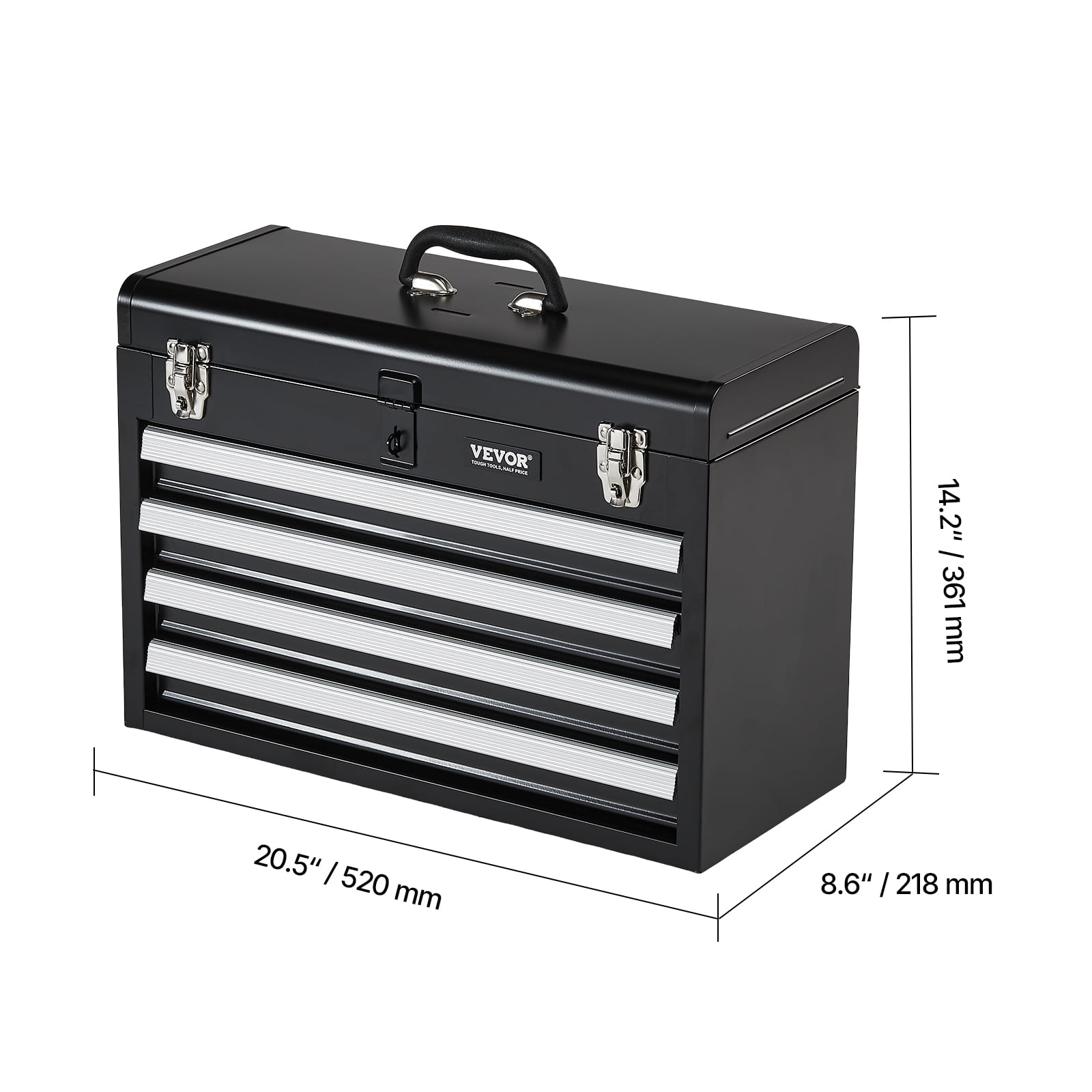 VEVOR Metal Tool Box, 20.5-inch, Portable Metal Tool Box with 4 Drawers, Small Tool Chest with EVA Liners, Ball Bearing Slide Drawers Locking & Powder Coated Finish, Multi-Function Tool Organizer