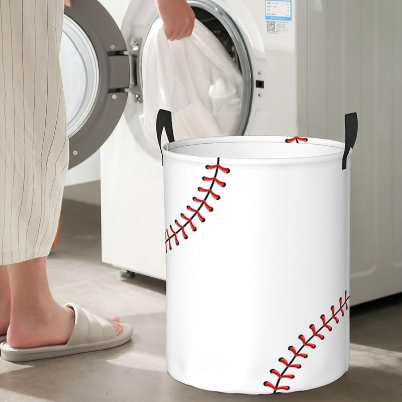 Baseball Texture Laundry Hamper Bag With Waterproof Liner - Round Laundry Basket Foldable Clothes Storage Organizer For Bathroom Bedroom Nursery Dorm