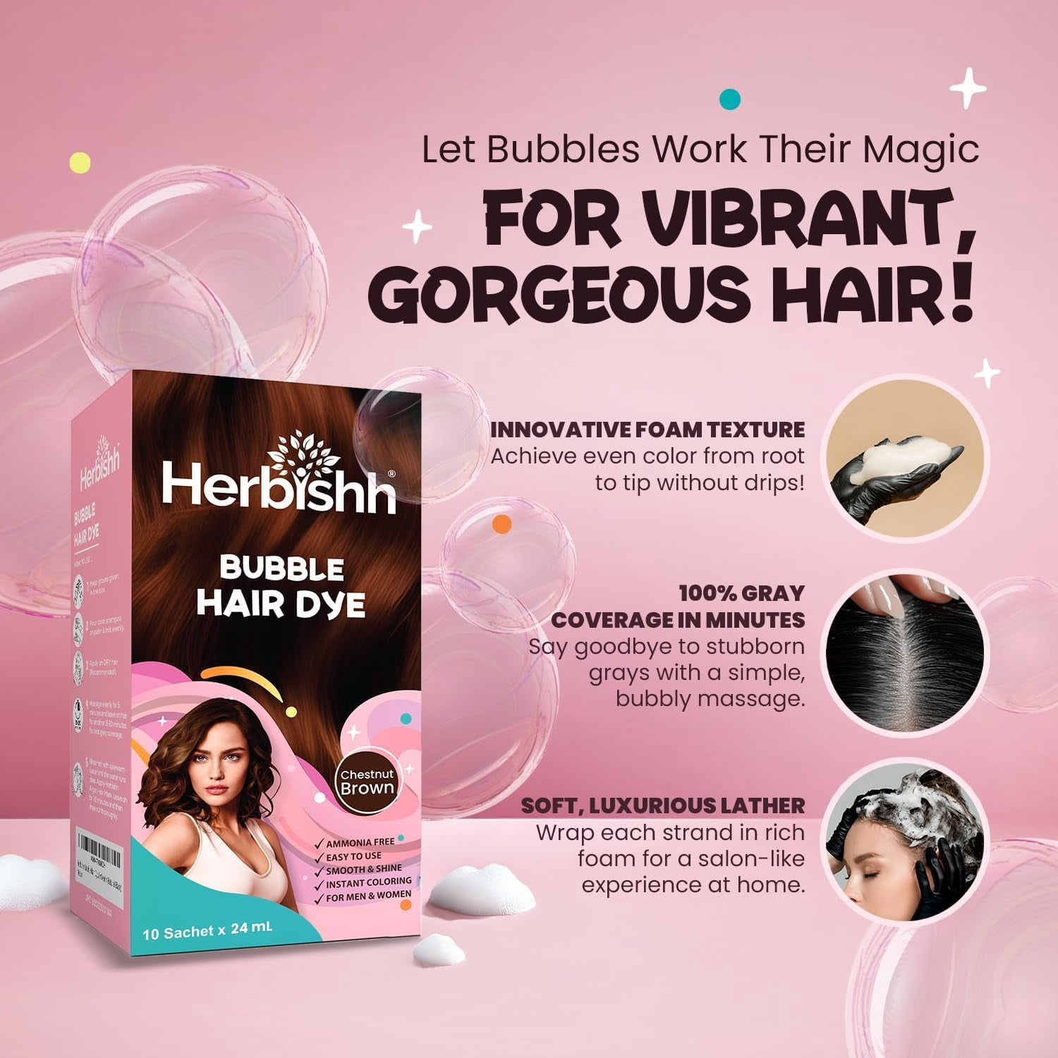 Herbishh Combo: Bubble Hair Dye Shampoo - Chestnut Brown & Argan Oil Hair Mask, 150ml | 3-in-1 Permanent Hair Color, 100% Gray Coverage, Ammonia-Free, Travel-Friendly