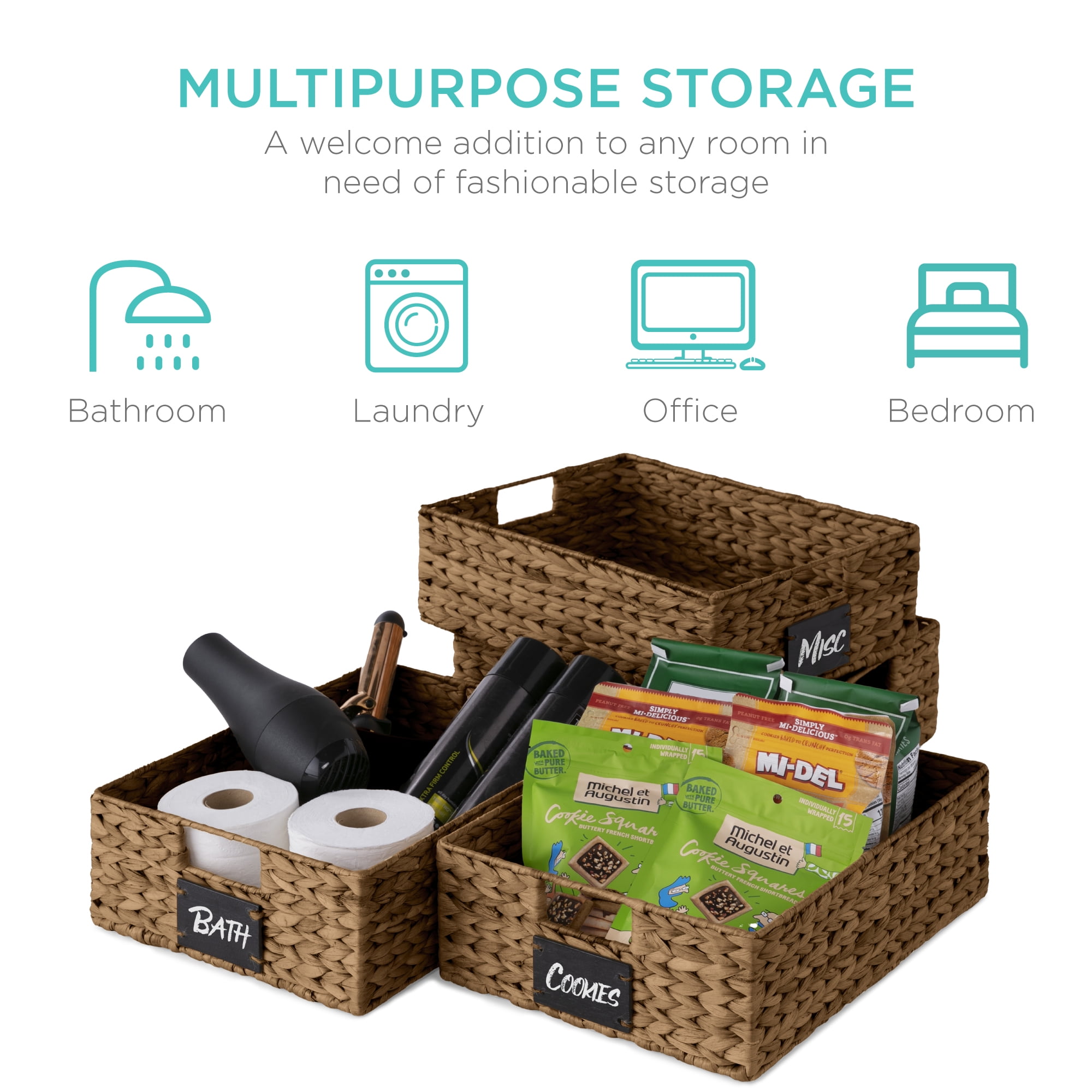 Best Choice Products Set of 4 16x12in Woven Water Hyacinth Pantry Baskets w/ Chalkboard Label, Chalk Marker - Chestnut