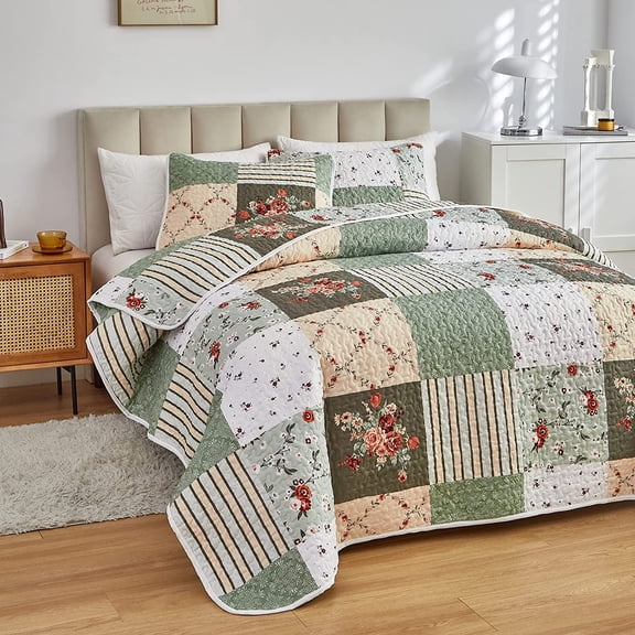 Patchwork Quilt Set California King Size 3 Pieces Green Floral Plaid Summer Bedspread Coverlet Soft Microfiber Lightweight All Season Bedding