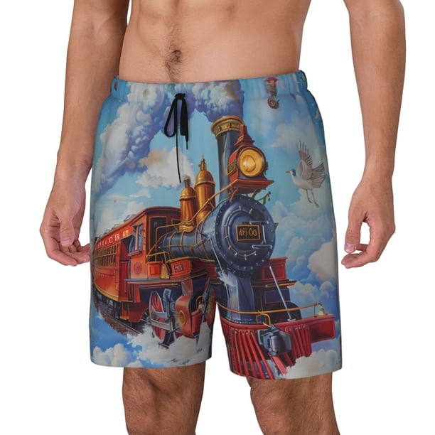 Balery Cartoon Train Hot Air Balloon Bañador para hombre, shorts de playa de secado rápido con entrepierna y forro de compresión-Medium