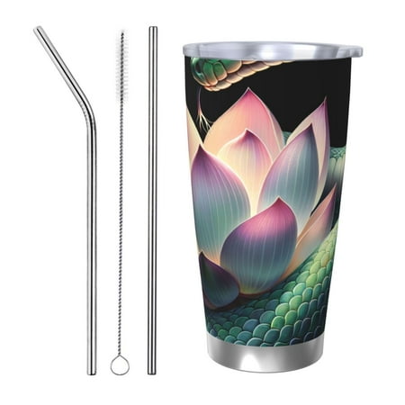 

Qekee Snake Holding A Lotus Print 20OZ Car Cup Stainless Steel Vacuum Insulated Tumbler Tumbler Cup With Lid And Straw Travel Coffee Mug-Straw Three-piece Set