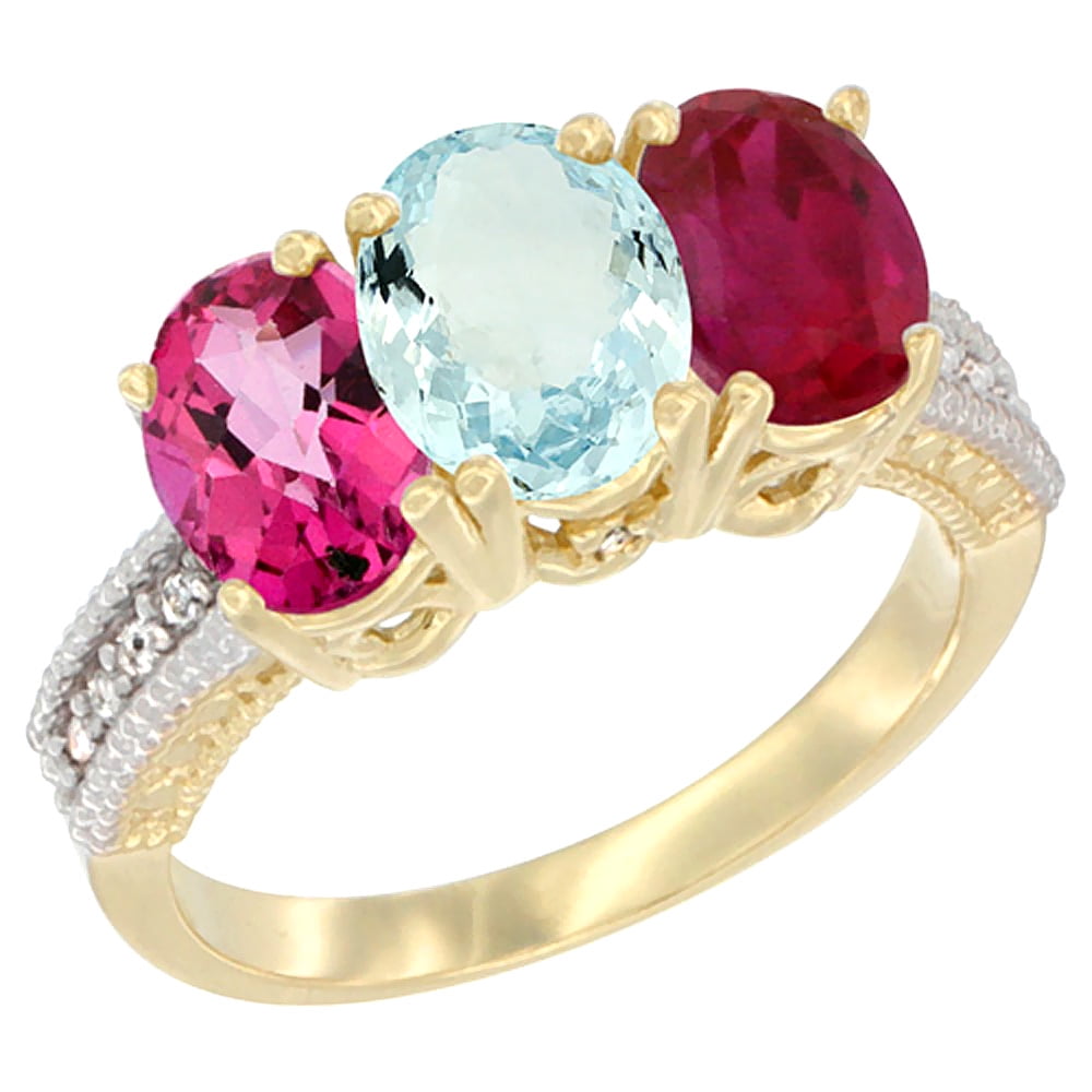 10K Yellow Gold Diamond Natural Pink Topaz, Aquamarine & Ruby Ring 3-Stone Oval 7x5 mm, sizes 5 10 by WorldJewels
