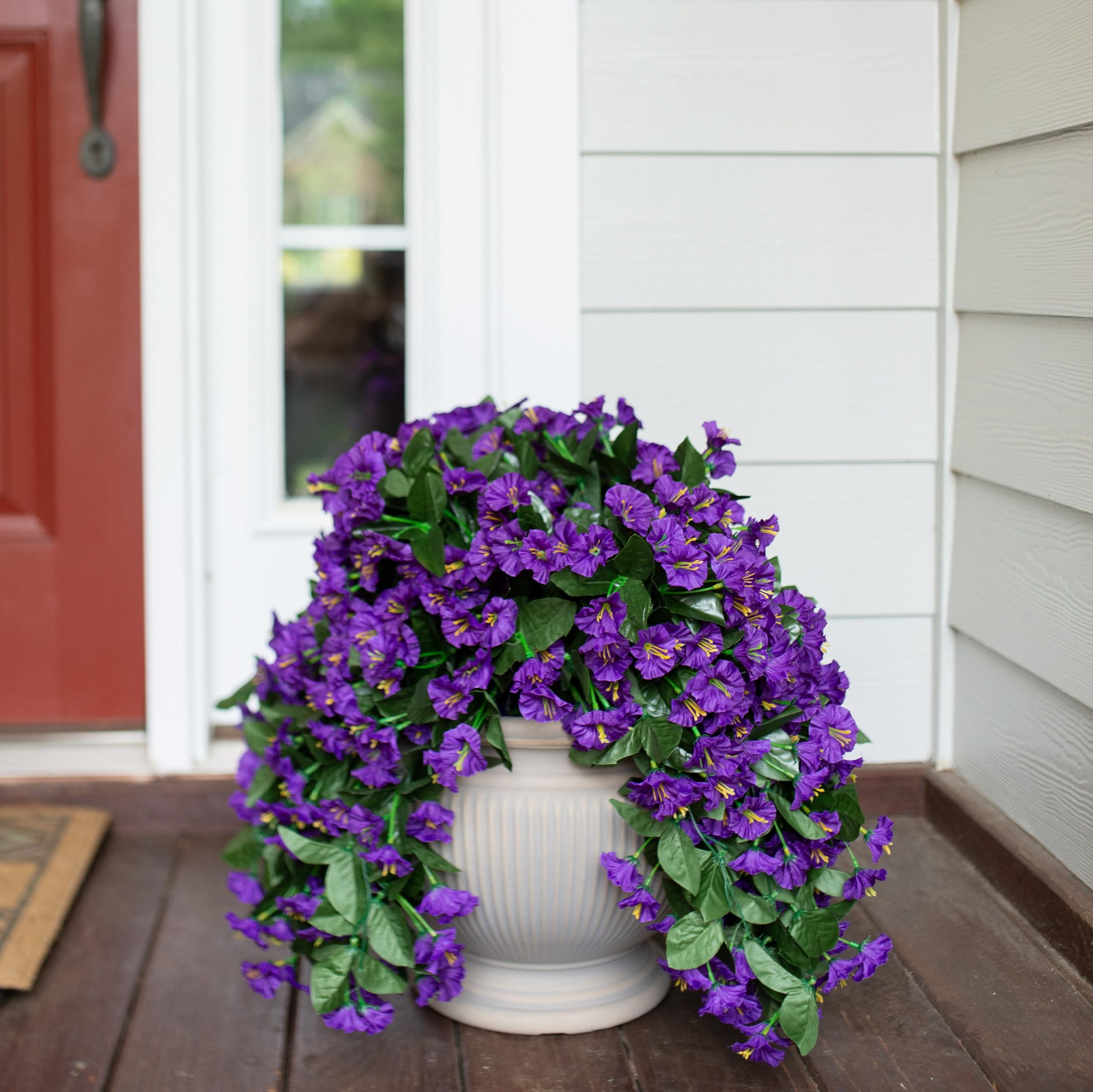 Artificial Fake Hanging Flowers Plants,2PCS Faux Silk Morning Glory Trailing Vines for Outdoor Decoration