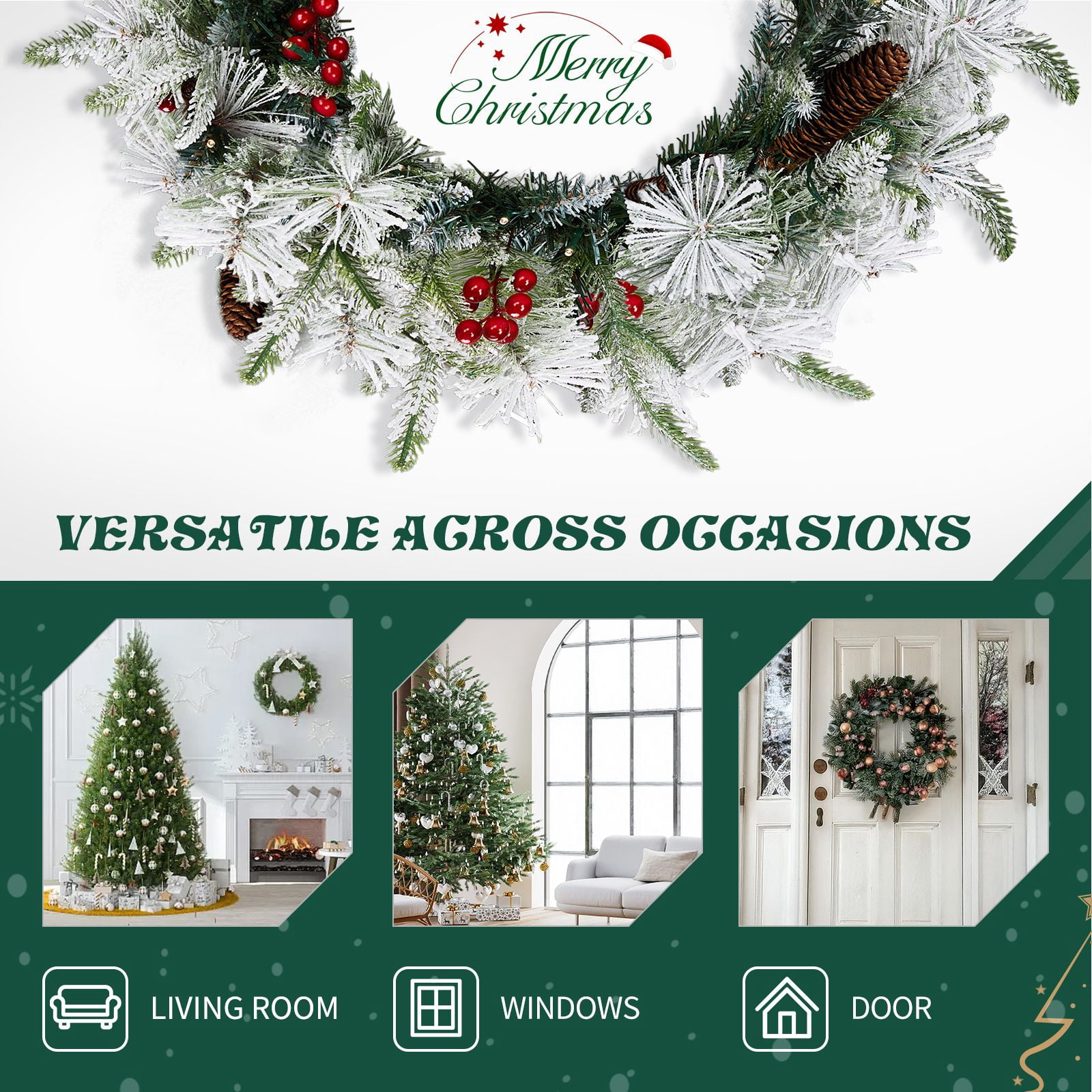 2 Pack 18in Pre-lit Snow Flocked Christmas Wreath, Lighted Artificial Xmas Wreath with 60 Warm Lights and 140 Tips and Red Berries Pine Cones, for Front Door Gate Wall Xmas Party Decorations