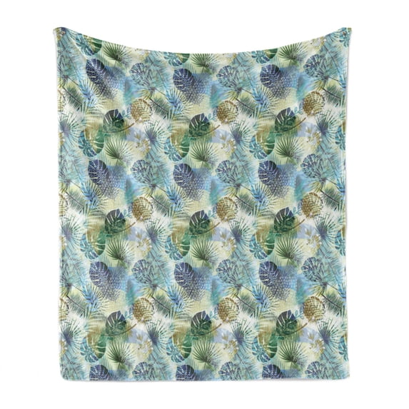 Geometric Forest Soft Flannel Fleece Throw Blanket, Exotic Monstera and Palm Leaves Tropical Foliage with Circular Motifs, Cozy Plush for Indoor and Outdoor Use, 60" x 80", Multicolor, by Ambesonne