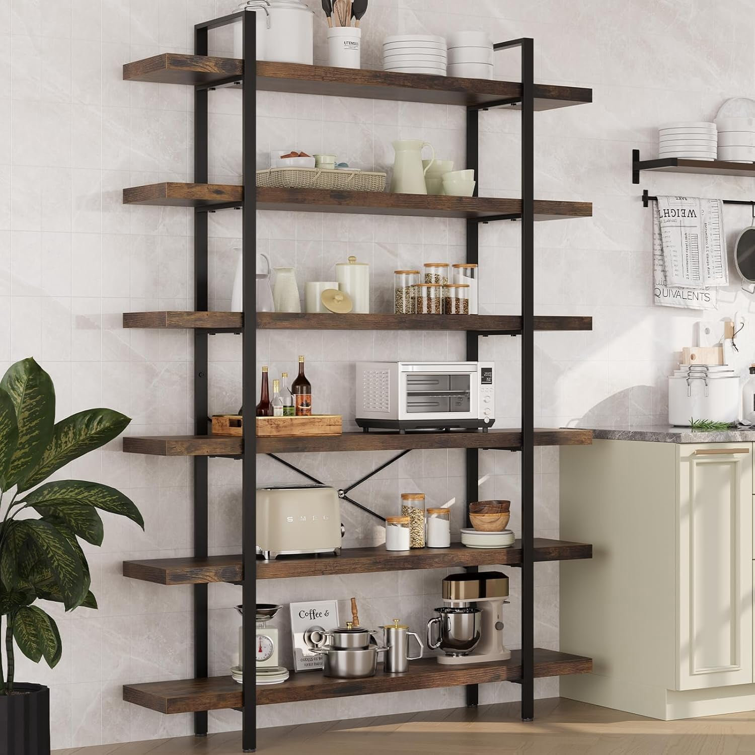 6-Tier Industrial Bookcase, 47 Inch Wide Wood Bookshelf, 120lbs Shelf Capacity, Rustic Open Shelving Heavy Duty Display with Reinforced Horizontal Brown Shelves for Living Room Bedroom Office