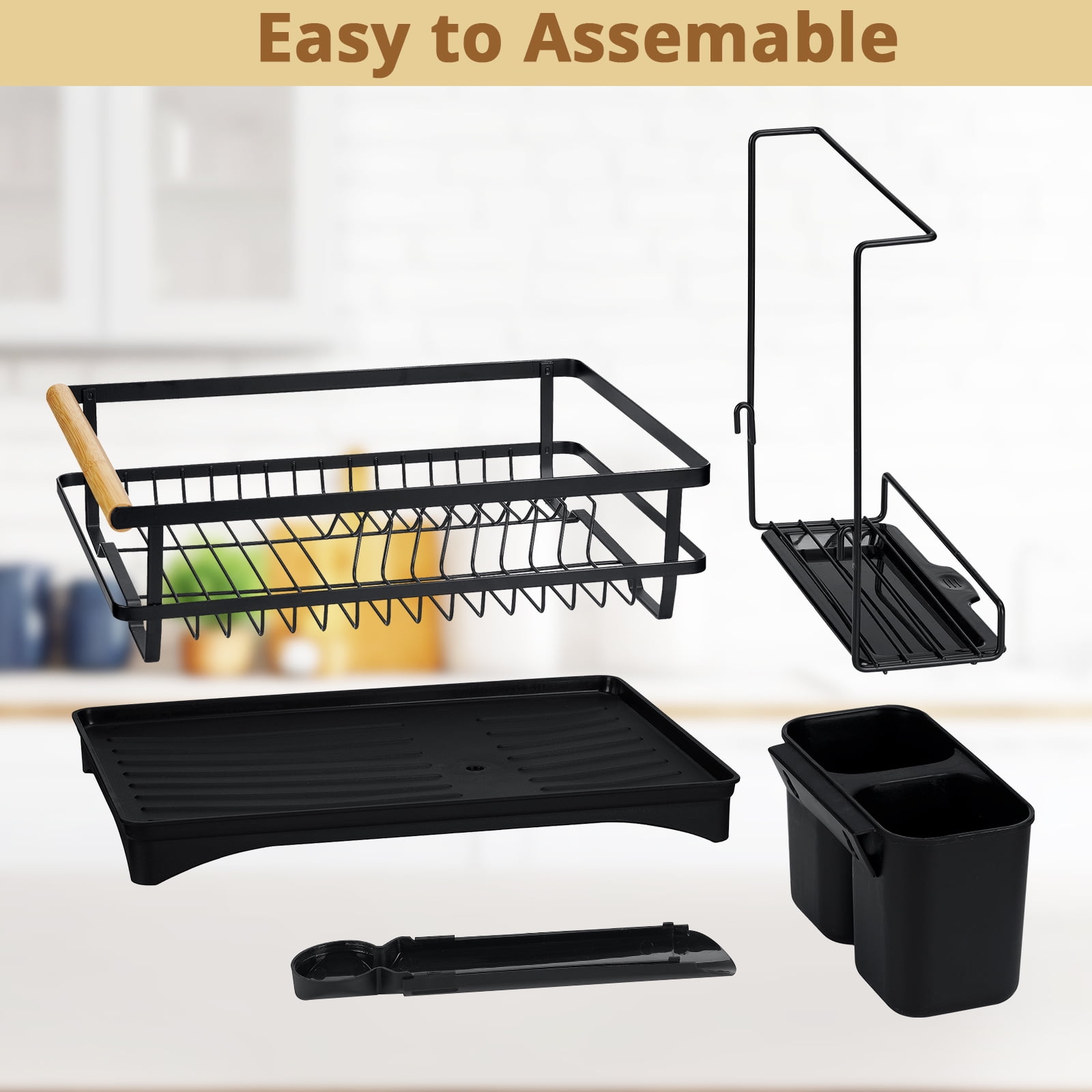 Dish Drying Rack, Dish Drainers for Kitchen Counter Dish Rack with Dishcloth Holder Kitchen Drying Rack 16L * 12W inches, Black