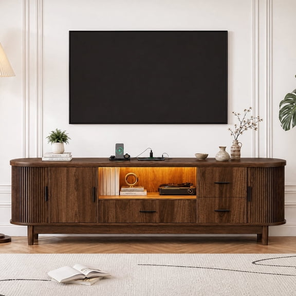 Bexfil Fluted TV Stand for TVs up to 65‘’, Mid Century Curved Entertainment Center Walnut