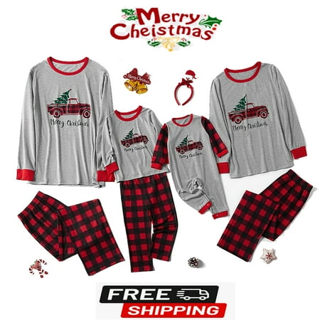 

Gueuusu Christmas Pajamas For Family Cartoon Car Tree Letter Plaid Printed Papa Mama Kid Tops Pant Baby Jumpsuit Sleepwear